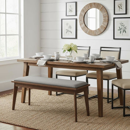 Upholstered Dining Bench with Walnut Wood Frame in Grey and Brown Finish