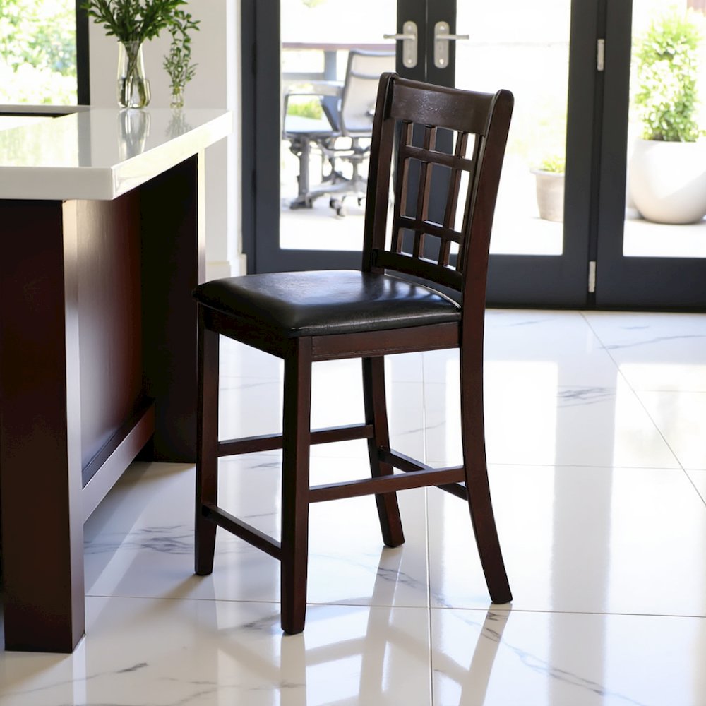 Counter Height Bar Stools Set of 2, Brown Leatherette & Wood Stools