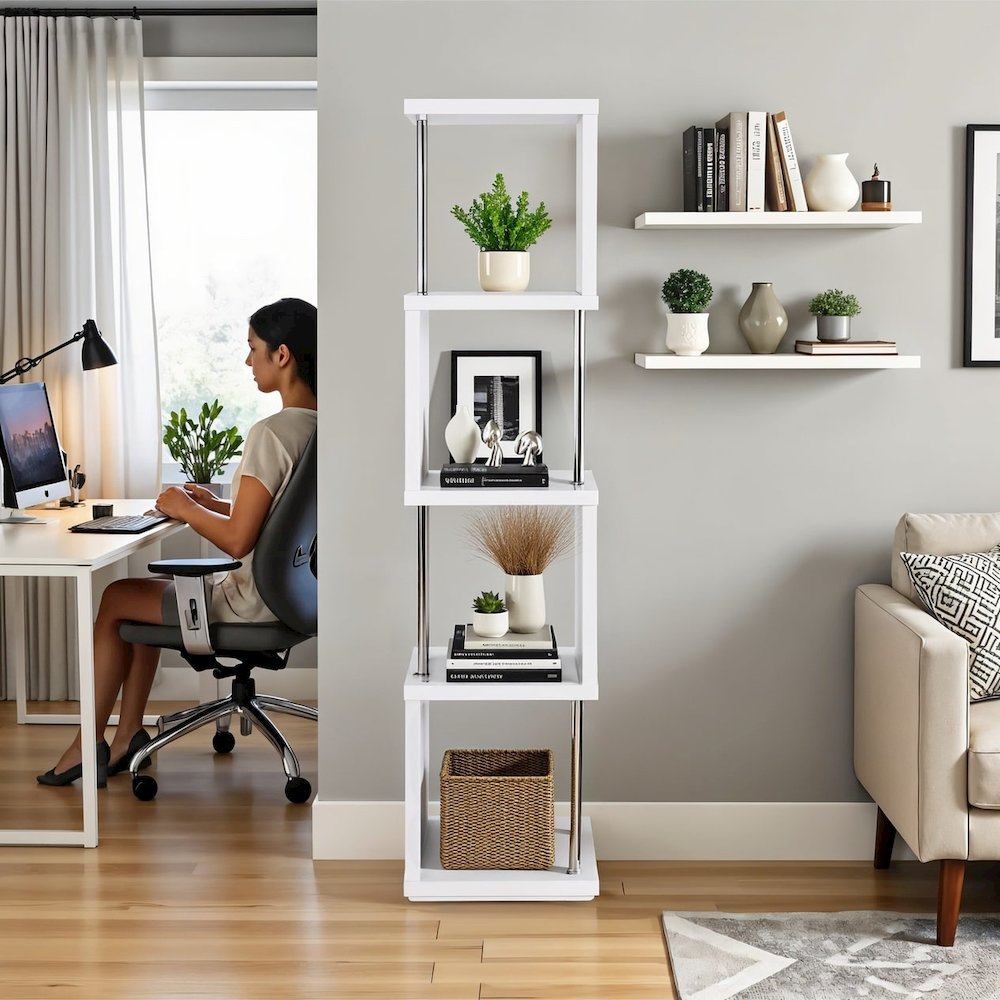 Modern Geometric Bookshelf – Sleek White Bookcase with Four Shelves