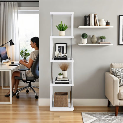 Modern Geometric Bookshelf – Sleek White Bookcase with Four Shelves