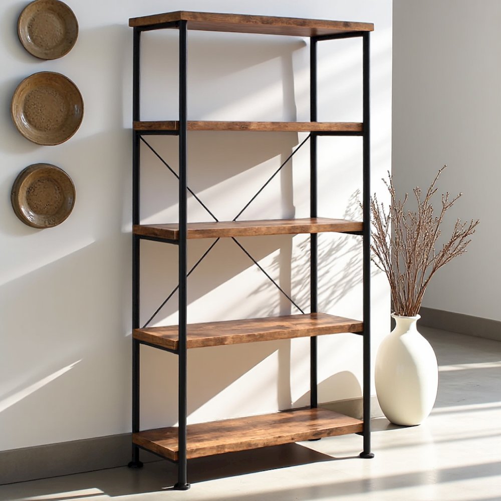 4-Shelf Wooden Bookcase in Antique Nutmeg with Industrial Design
