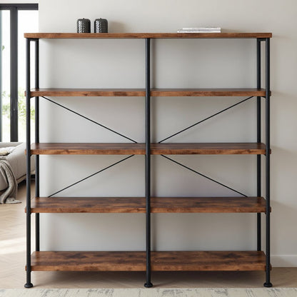 4-Shelf Open Bookcase in Antique Nutmeg Wood with Industrial Style