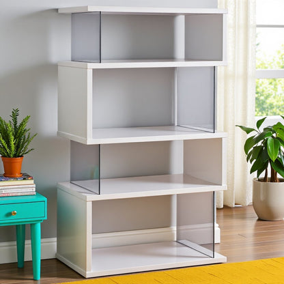 4-Tier White and Clear Modern Bookshelf with Glass Shelves and Storage