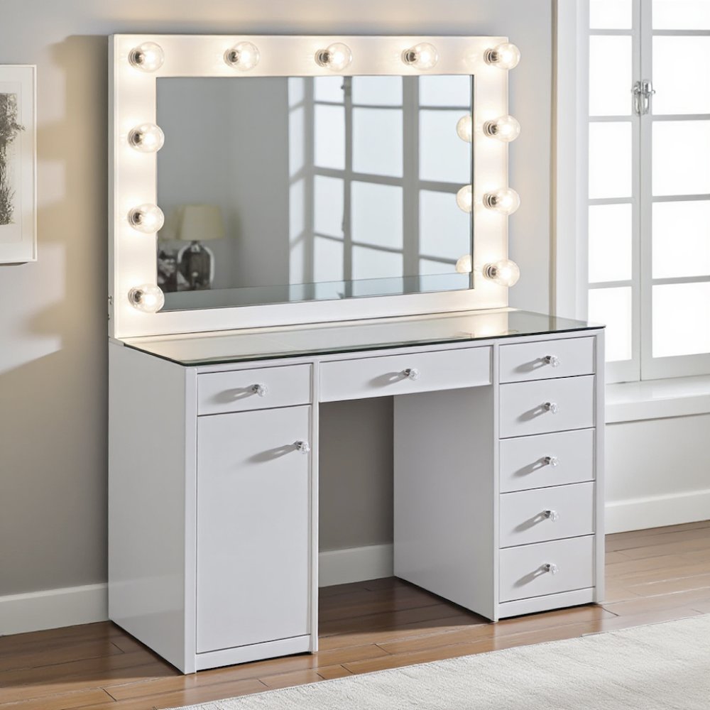 Vanity Desk with Mirror and Lights, 7-Drawer Glass Top Makeup Vanity