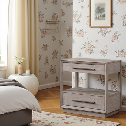 2-Drawer Nightstand in Washed Oak, Wood Nightstand with Storage Drawers