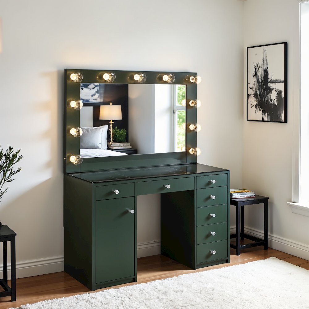 7-drawer Vanity Set with Mirror and Lights in Gray High Gloss Finish