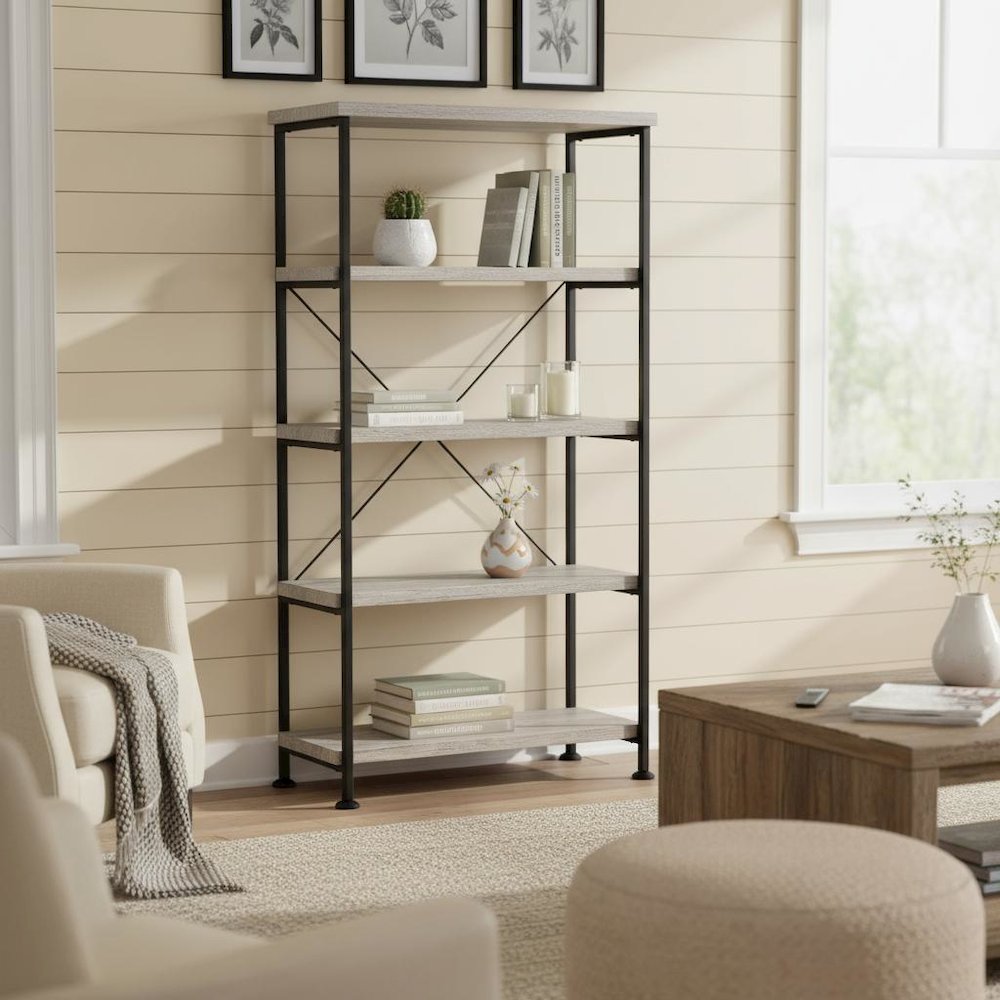 Industrial 4-Shelf Bookshelf 63-Inch, Grey Driftwood, Black Metal Frame