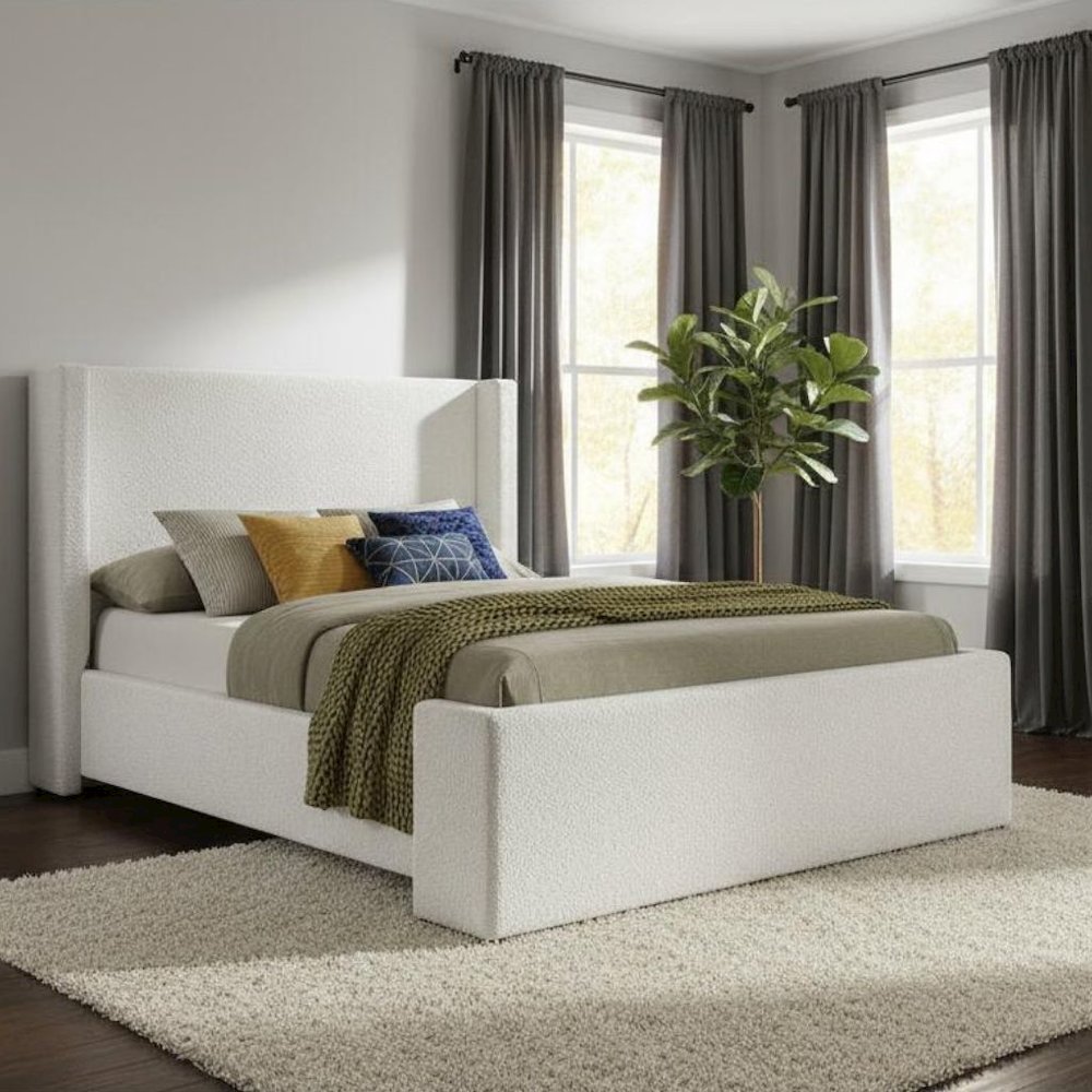 Boucle Upholstered Queen Wingback Bed White
