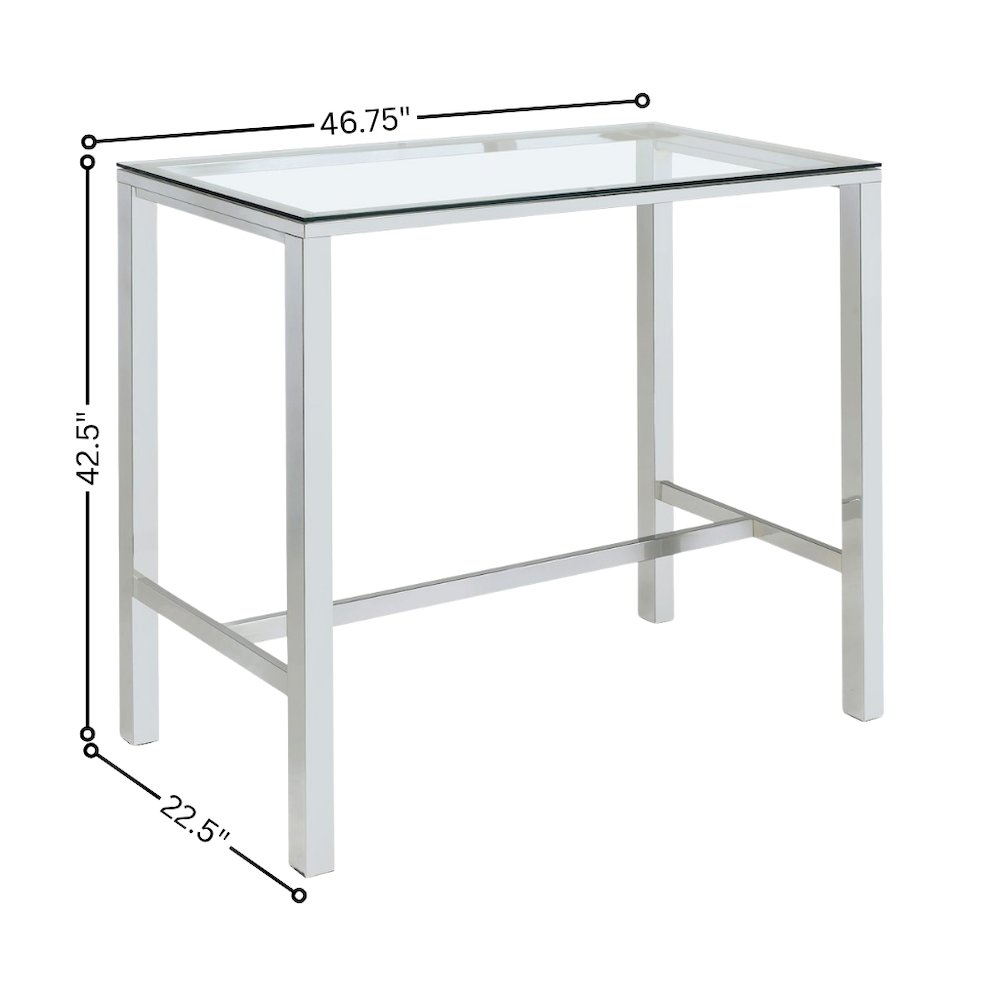 Rectangular Pub Bar Table, Glass Top, Chrome Plated Metal, Contemporary