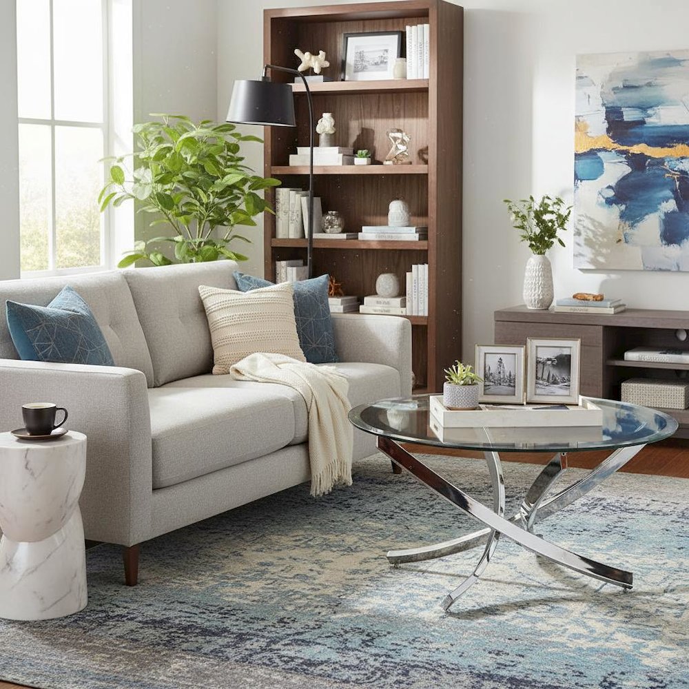 Modern Round Coffee Table, Tempered Glass Top, Chrome Metal Base, Stylish Design