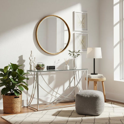 Elegant Console Table, Chrome Accents, Smooth Glass Top, Entryway Accent