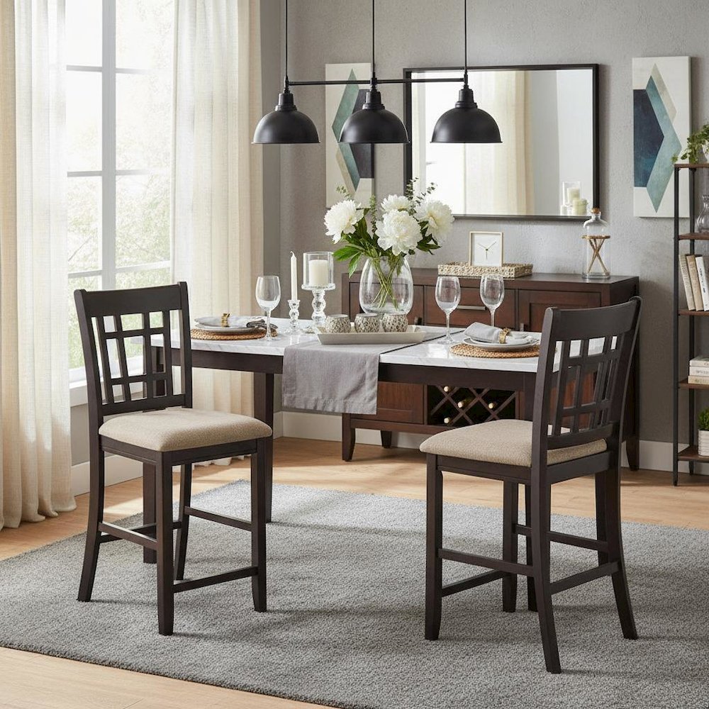 Brown Wood Counter Stool Set of 2 with Lattice Back Design and Upholstered Seats