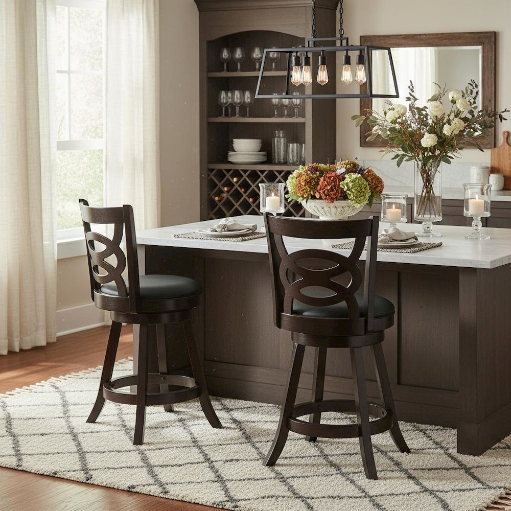 Swivel Counter Stool, Set of 2, Black Leatherette, Dark Merlot Finish