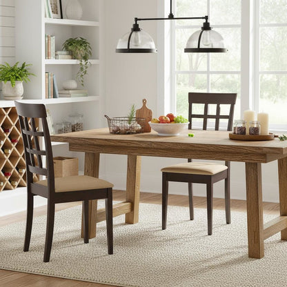 Dining Side Chairs Set of 2, Lattice Back, Cappuccino Finish, Tan Microfiber
