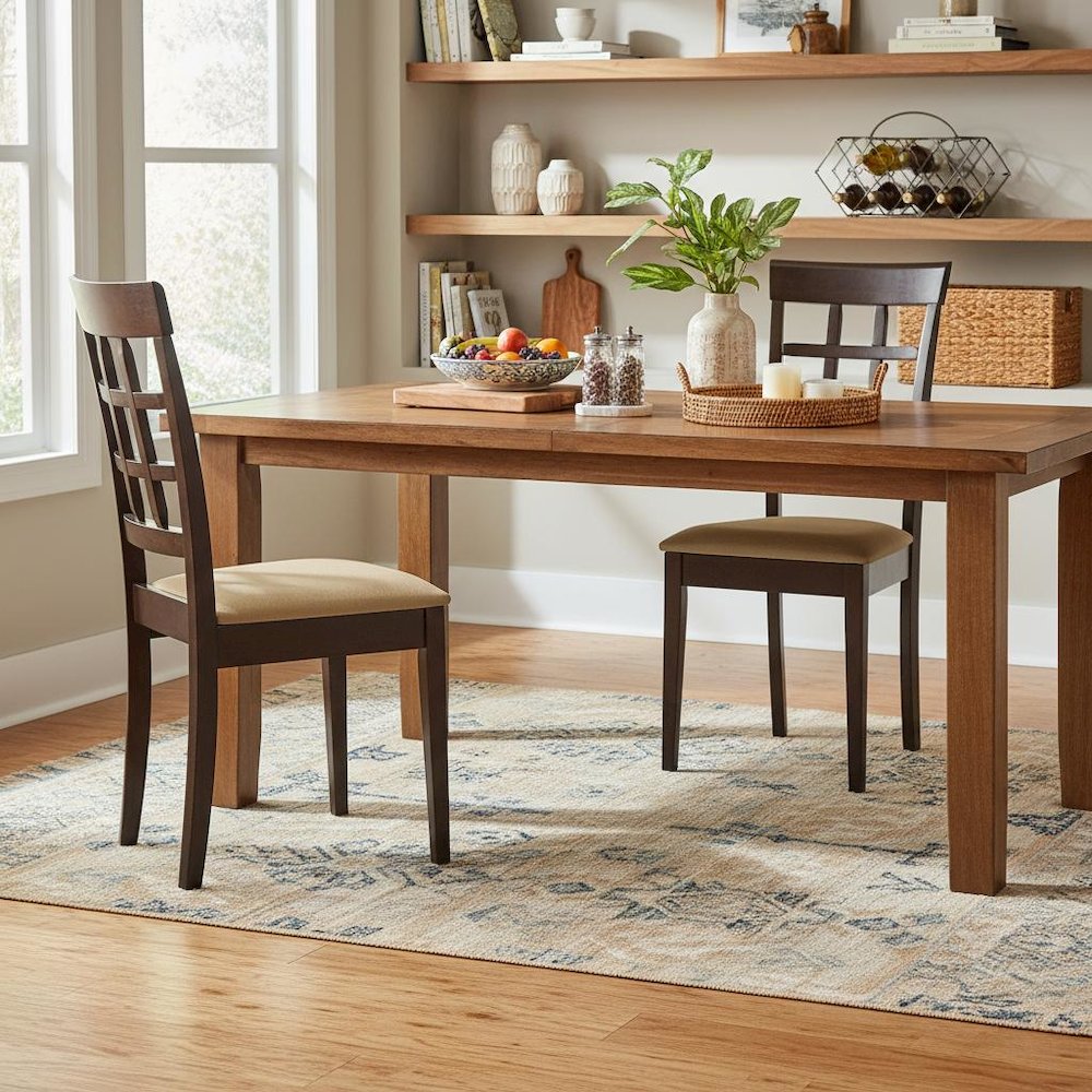 Dining Side Chairs Set of 2, Lattice Back, Cappuccino Finish, Tan Microfiber