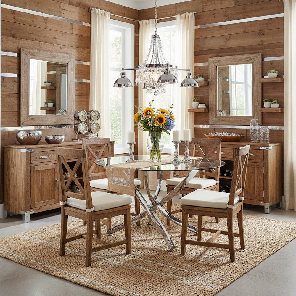 Round 46-Inch Glass Top Dining Table with Chrome Metal Base Silver