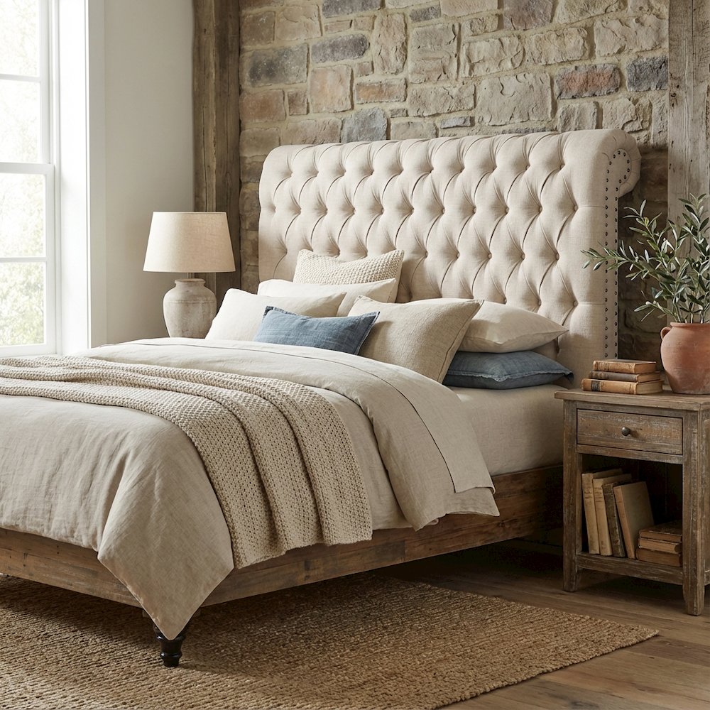 Beige Upholstered Eastern King Headboard, Dark Brown Wood Legs, Classic Design