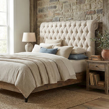 Beige Upholstered Eastern King Headboard, Dark Brown Wood Legs, Classic Design