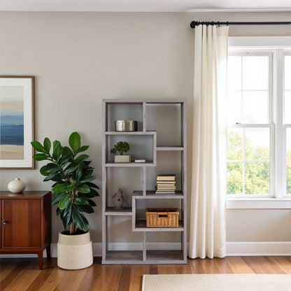 Gray Geometric Bookshelf with 6 Tiers, Modern Book Shelve for Living Room