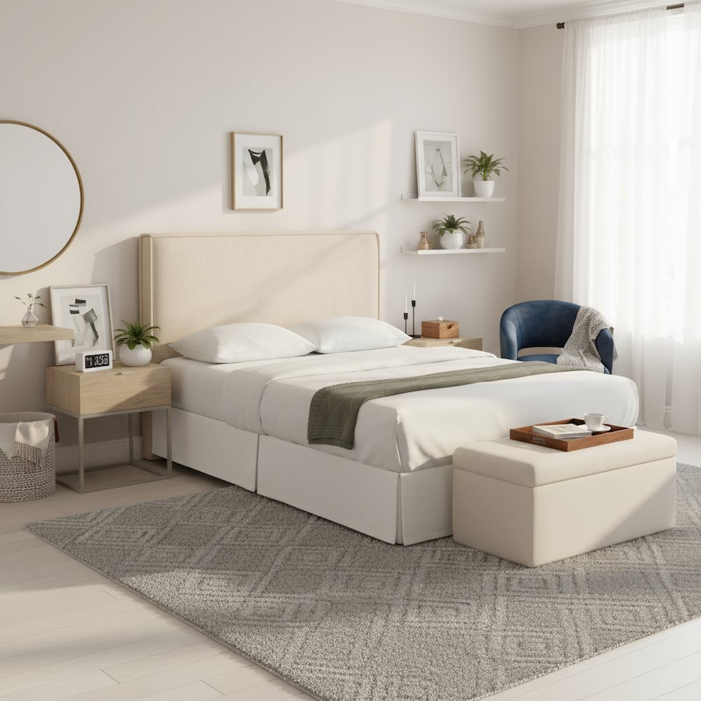 Beige Upholstered Queen – Modern Fabric Bed Headboard