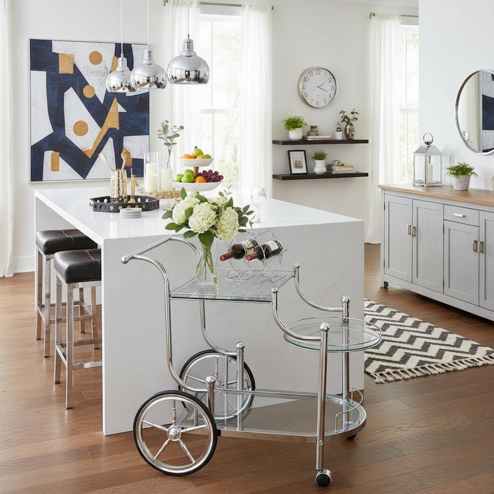 Carriage Style Bar Cart, Chrome, 3 Tiers, Clear Glass, Spoke Wheels