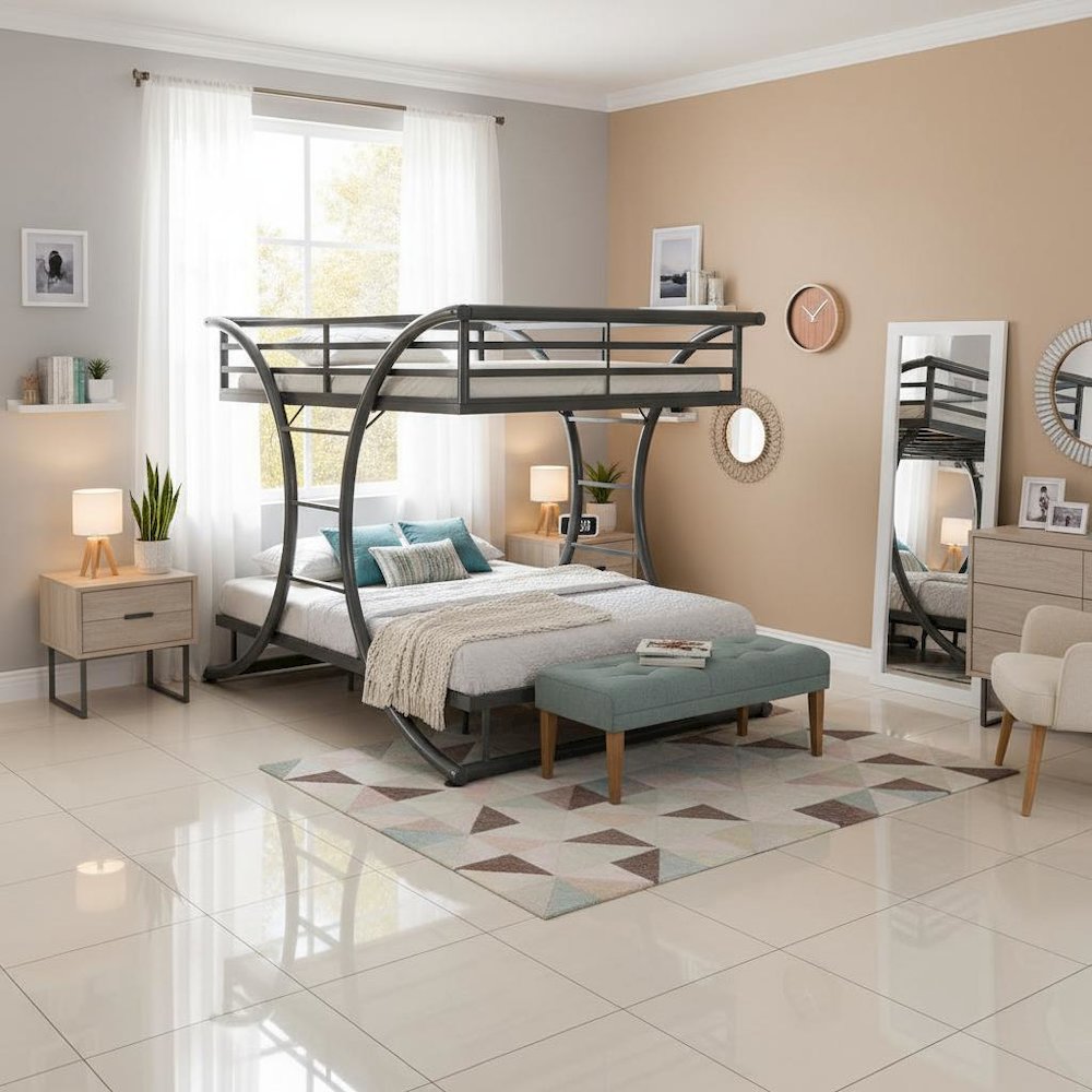 Heavy Duty Steel Bunk Bed Full Over Full Size, Built-in Ladders, Gunmetal Finish