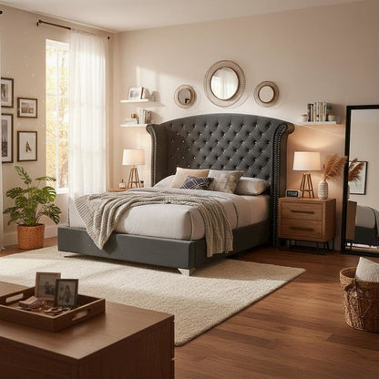 Upholstered Queen Wingback Bed Grey