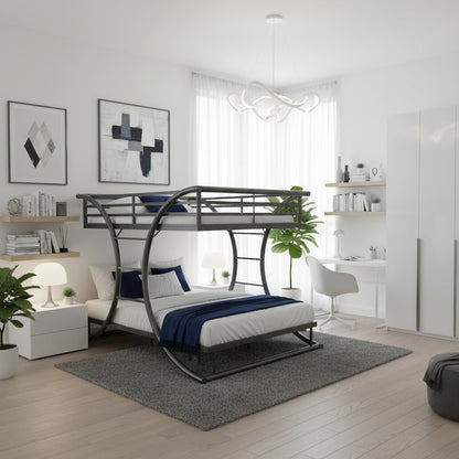 Heavy Duty Steel Bunk Bed Full Over Full Size, Built-in Ladders, Gunmetal Finish
