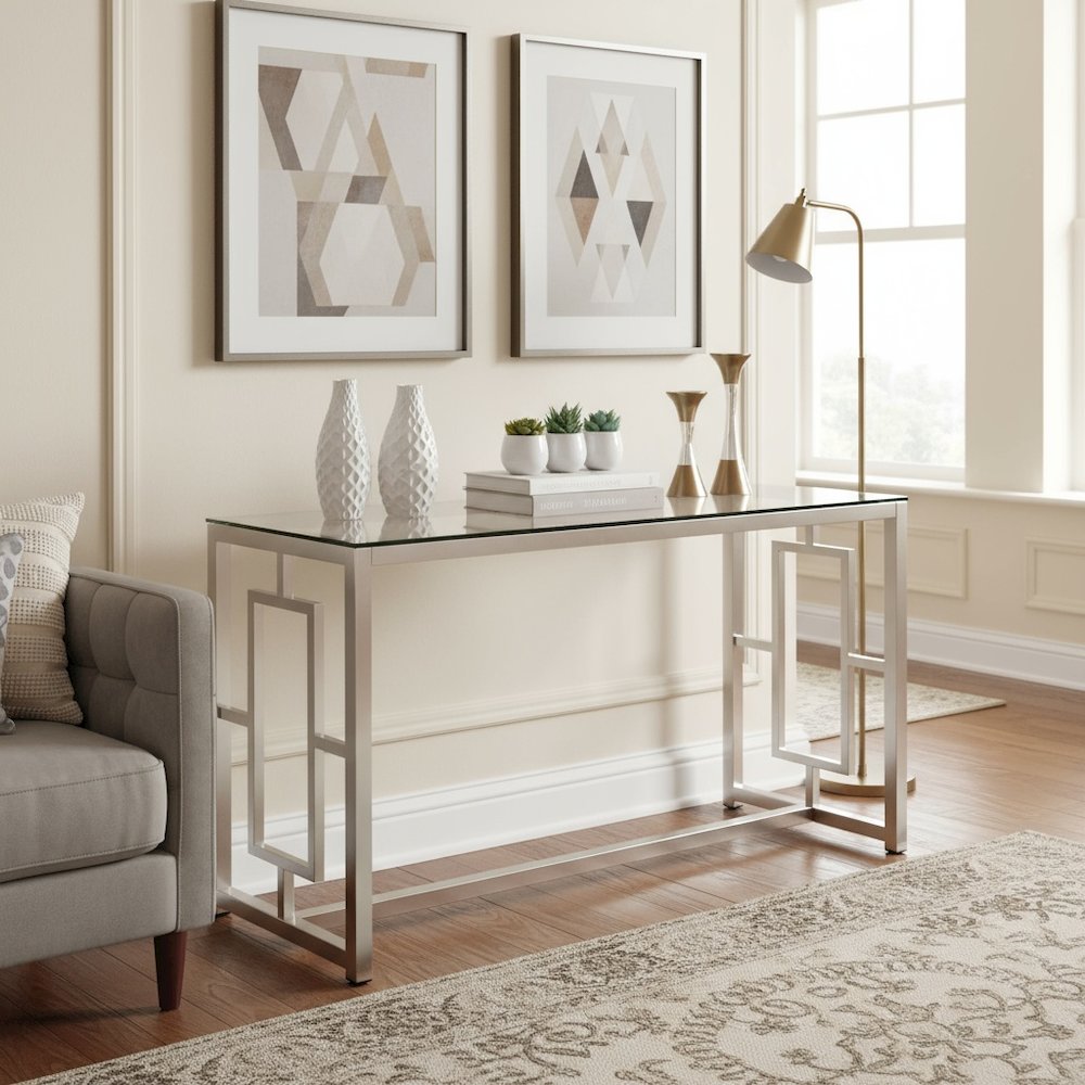 Glass Top Console Table, Nickel Metal Base, Contemporary Style, Tempered Glass