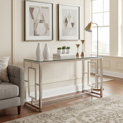 Glass Top Console Table, Nickel Metal Base, Contemporary Style, Tempered Glass