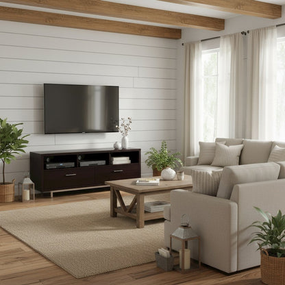 Modern Cappuccino TV Stand 60 Inch, Engineered Wood, 2-Drawer, Chrome Metal Base