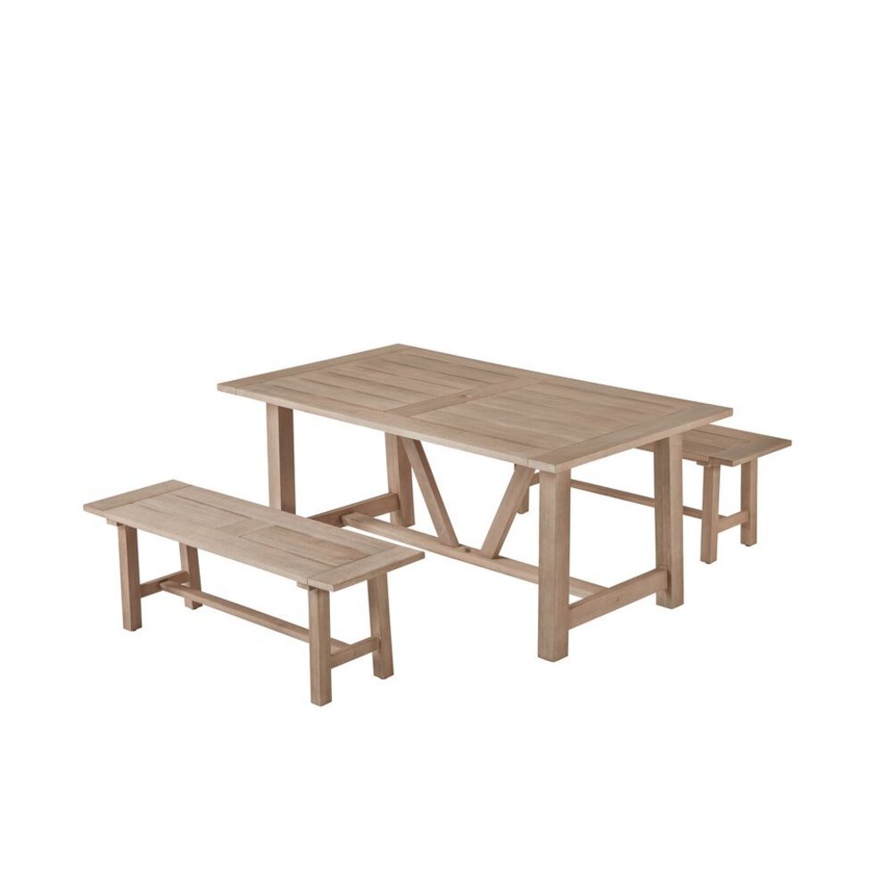 Rustic Light Oak Outdoor Dining Set - Acacia Wooden Table with 2 Wood Benches