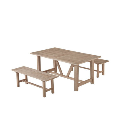 Rustic Light Oak Outdoor Dining Set - Acacia Wooden Table with 2 Wood Benches