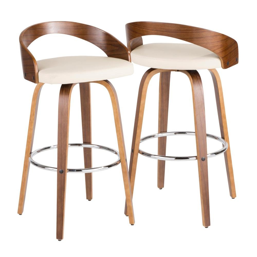 Mid-Century Modern Barstool Set in Walnut and Cream Faux Leather