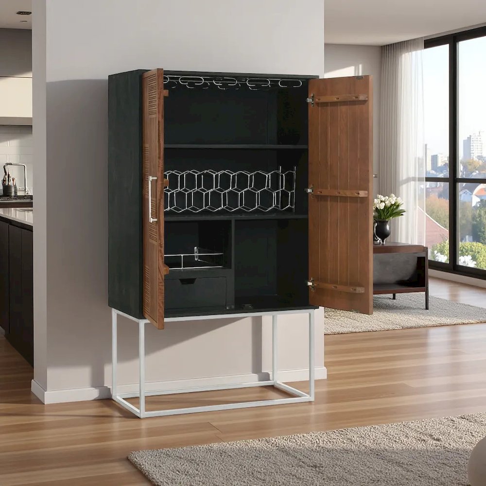 Wine Cabinet with Storage, Bar Cabinet, Mini Bar, Walnut & Black Design