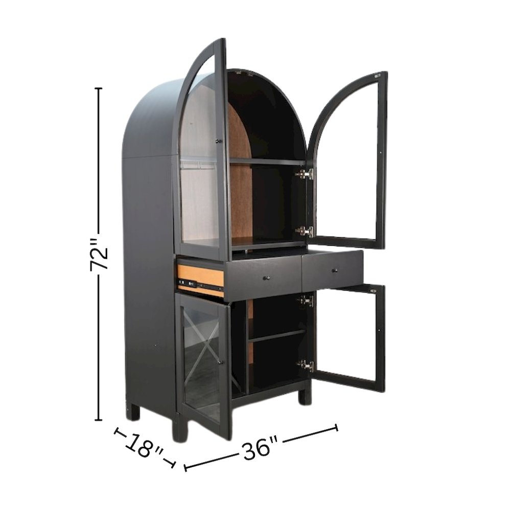 Black Solid Wood Bar Cabinet, Arched Liquor Cabinet with Glass Doors