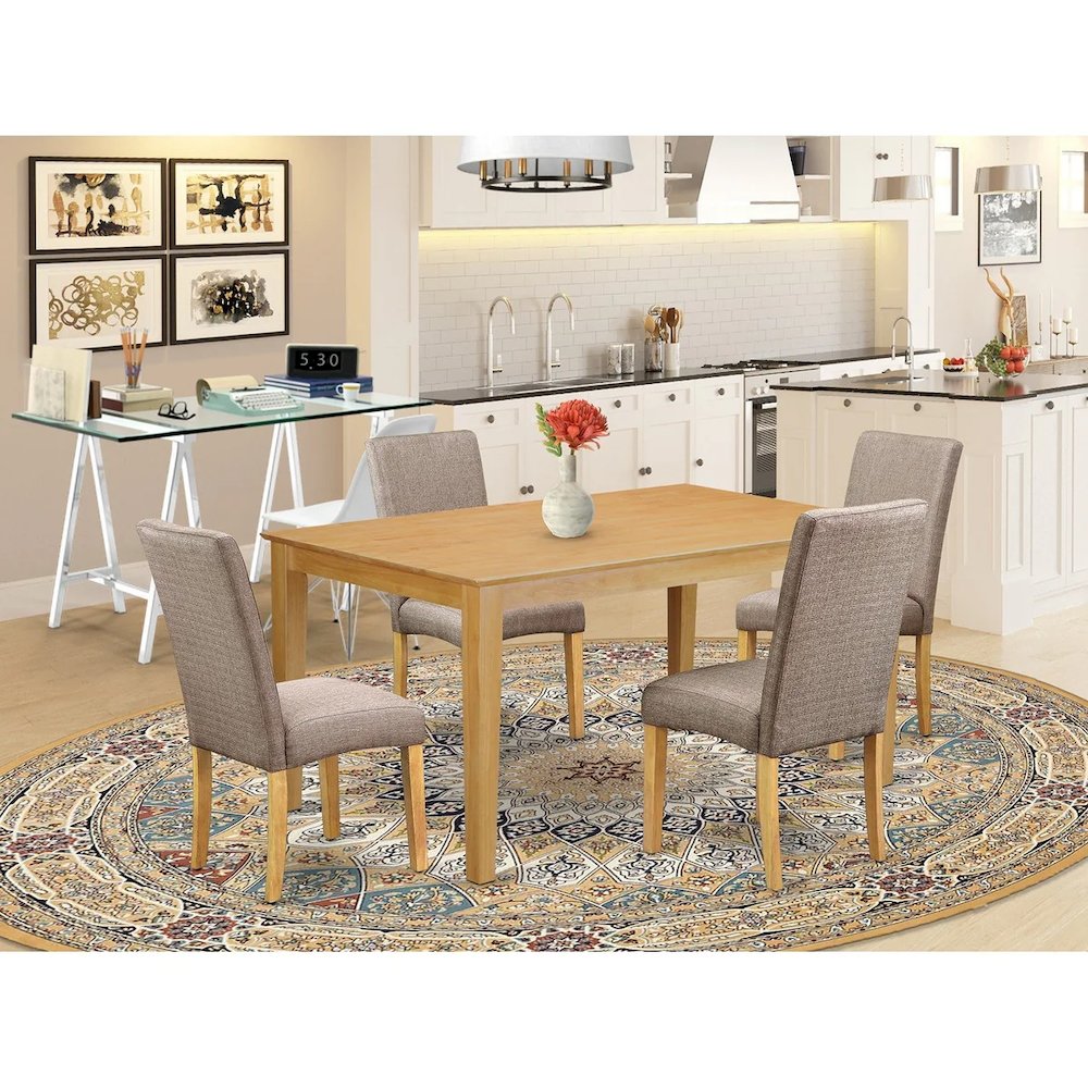 5 Piece Dining Room Furniture Set Includes a Rectangle Dining Table and 4 Dark Khaki Linen Fabric Upholstered Parson Chairs, 36x60 Inch, Oak