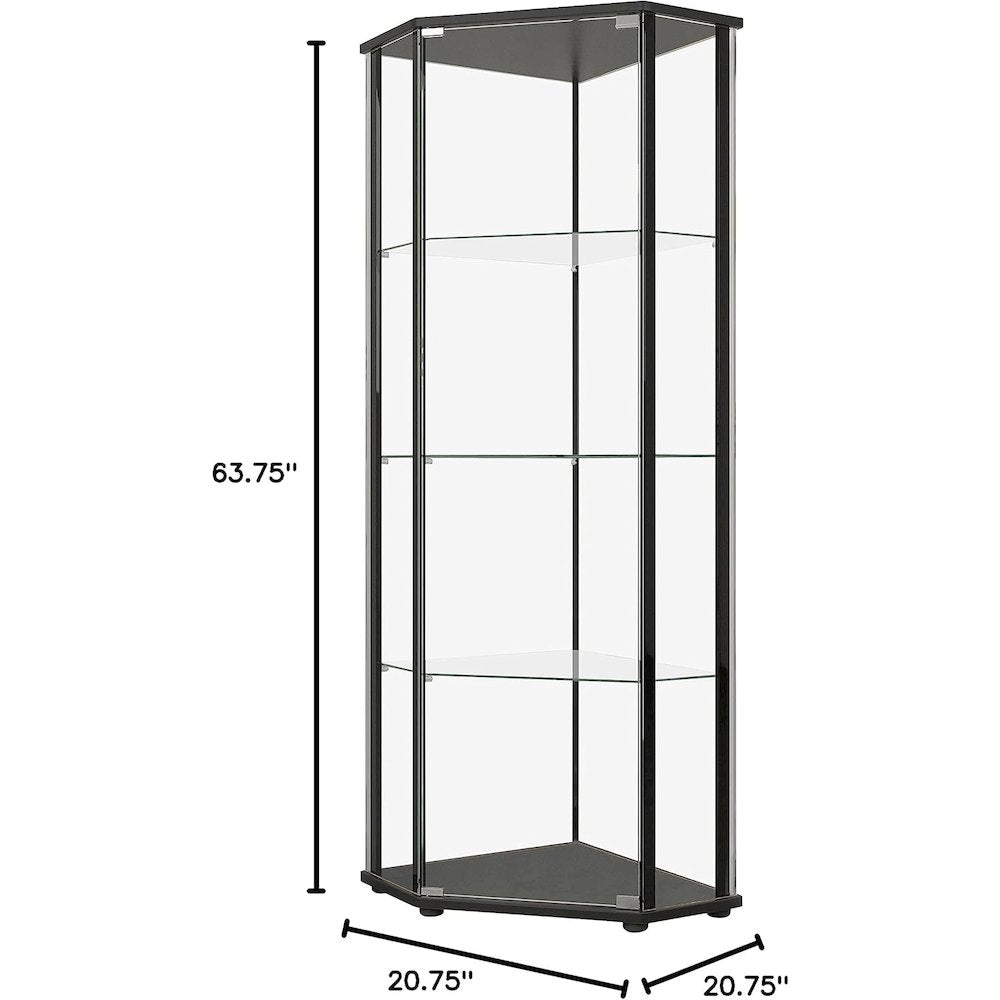 Sophisticated Black Glass Shelf Curio Cabinet with Clear Glass Doors