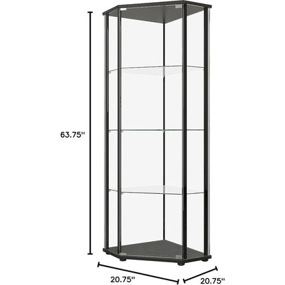 Sophisticated Black Glass Shelf Curio Cabinet with Clear Glass Doors