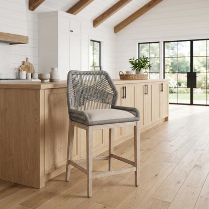 Gray Mahogany Counter Stool with Linen-Blend Upholstery and Footrest