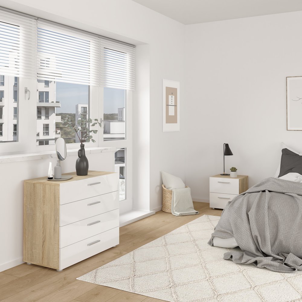 Austin 2-Piece Bedroom Set with Chest and Nightstand, Oak/White High Gloss