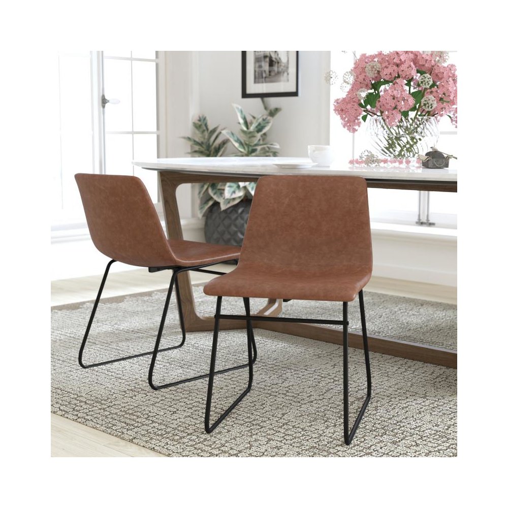 18 inch Dining Table Height Chair, Mid-Back Sled Base Dining Chair in Light Brown LeatherSoft with Black Frame, Set of 2
