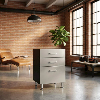 Vinyl Laminate Three-Drawer Storage Cabinet with Metal Accents for Garage