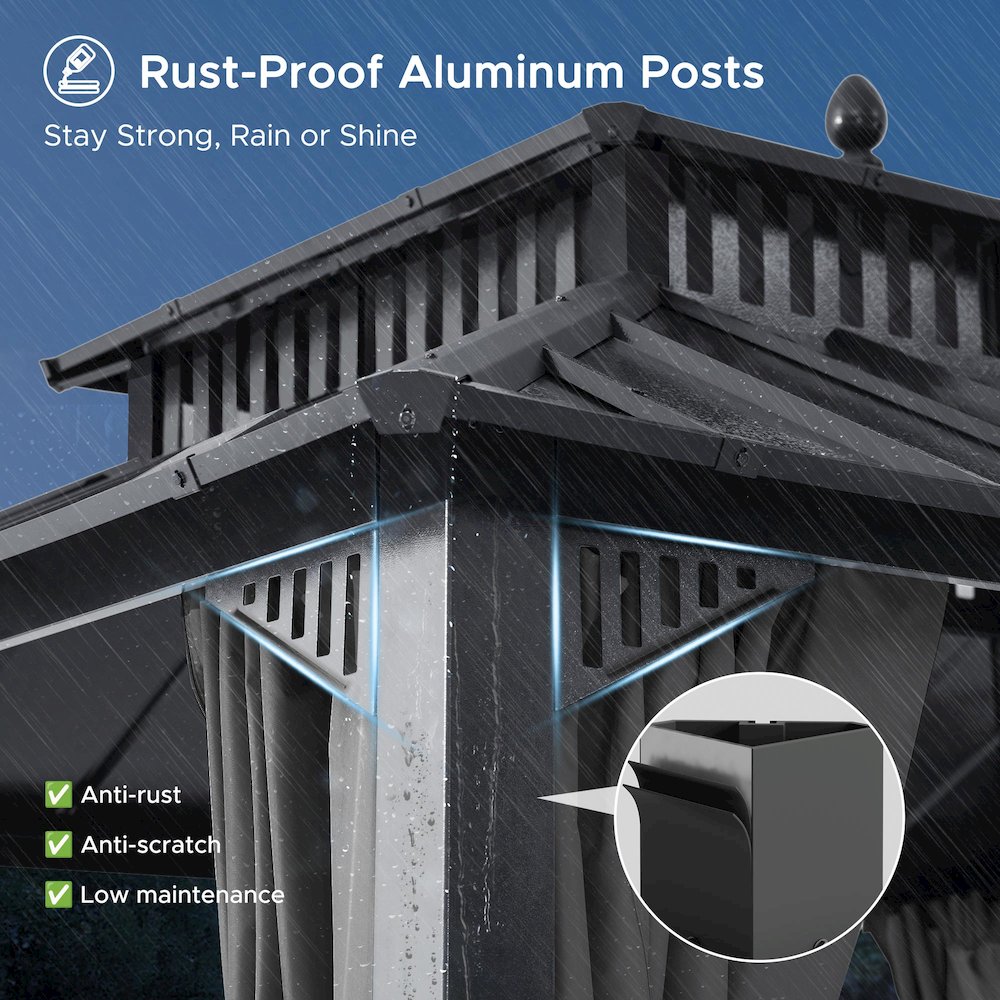 12 ft x 10 ft Hardtop Gazebo with Steel Roof, Grey Aluminum Frame - Extra-Tall