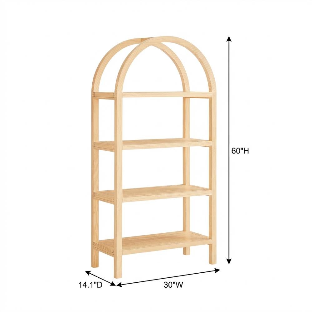 60-Inch Arched Bookshelf in Warm Oak Finish with Multiple Shelves