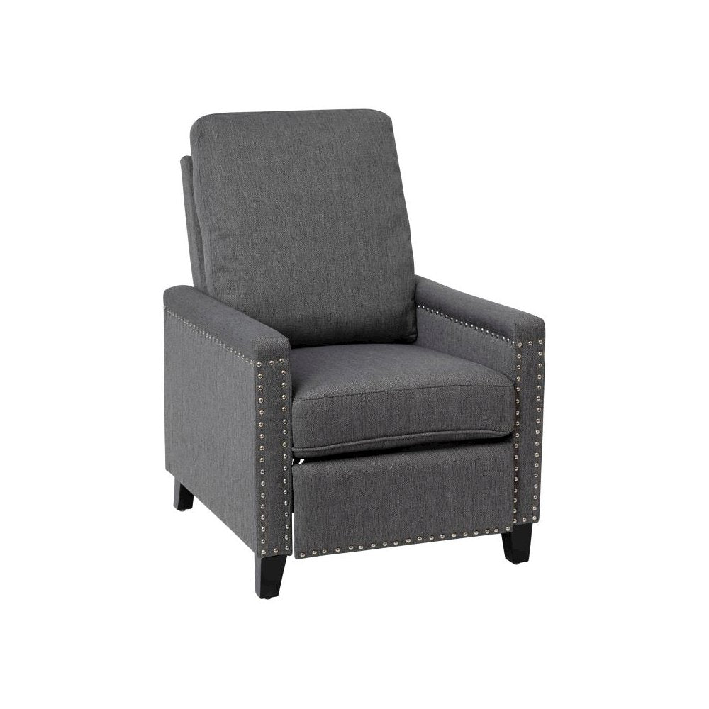 Transitional Style Push Back Recliner Chair - Pillow Back Recliner - Gray Fabric Upholstery - Accent Nail Trim