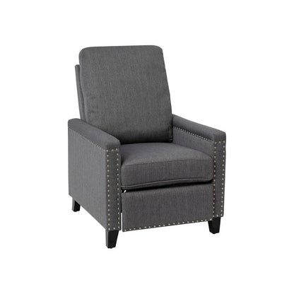 Transitional Style Push Back Recliner Chair - Pillow Back Recliner - Gray Fabric Upholstery - Accent Nail Trim