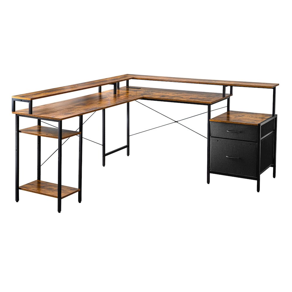 Convertible Straight/L-Shaped Desk, LED Lights & Fabric Drawers, 3 Power Outlets