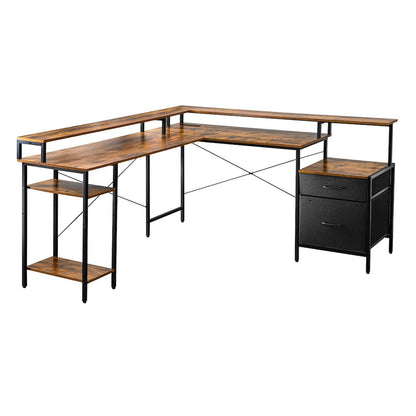 Convertible Straight/L-Shaped Desk, LED Lights & Fabric Drawers, 3 Power Outlets