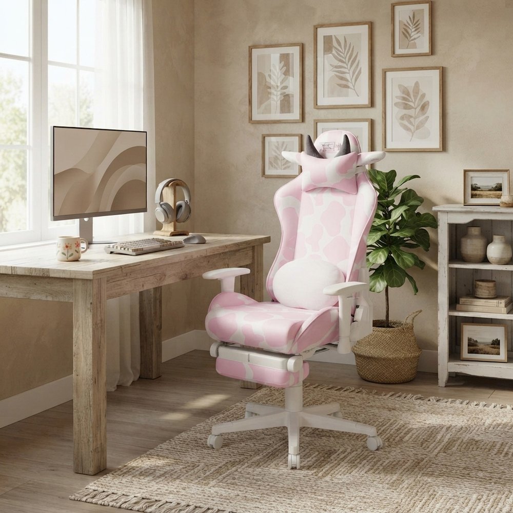Bison Office Gaming Chair with Footrest, Lumbar Pillow and Headrest, Pink